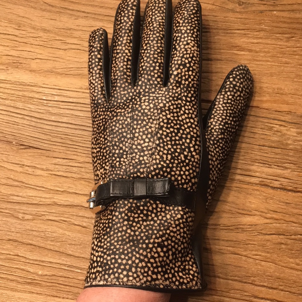 Cow print/chocolate brown leather, cashmere lined.